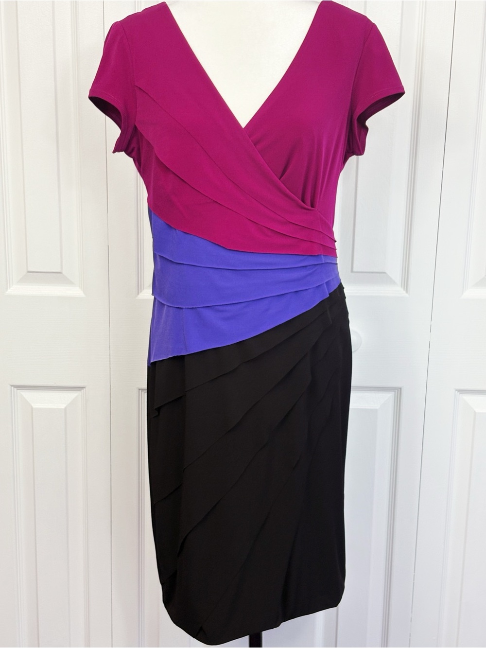 London Style Collection Colorblock Tiered Ruffle Asymmetric Sheath Dress 14